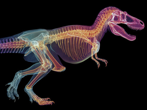 Detailed, three-quarter view X-ray of Velociraptor skeleton in color spectrum, suggesting muscles and soft tissue Running pose with one leg extended behind Against a plain background - AI-Generated