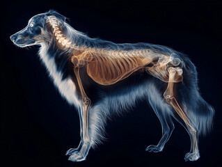 Fototapeta premium X-ray image of an Australian Shepherd dog, standing confidently with visible muscular exterior and skeletal structure Dark blue background, soft shadows, and 3D effect from frontal per - AI-Generated