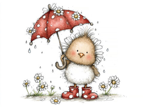 A baby chick under a daisy-shaped umbrella, illustrated in soft, rounded shapes with contrasting ink outlines and watercolor-style coloring Set against a clean white background, it exu - AI-Generated