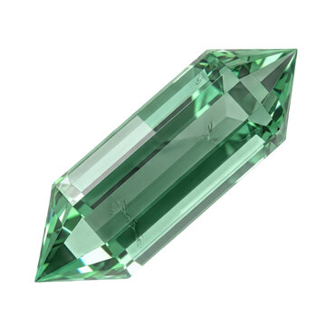A beautifully faceted double terminated light green crystal gemstone with sharp geometric edges isolated on white background