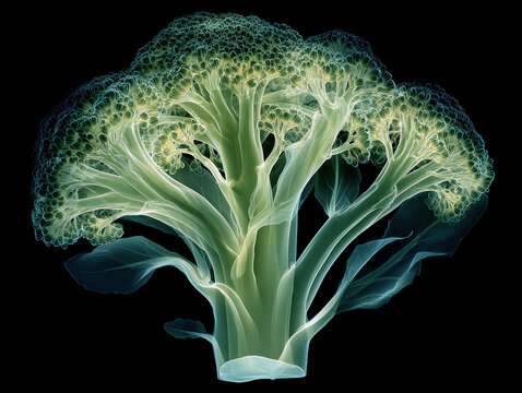Close-up X-ray photograph of broccoli floret with stem, against black background, dramatic lighting, intense contrast, minimalistic color palette bright green, black, top perspective - AI-Generated