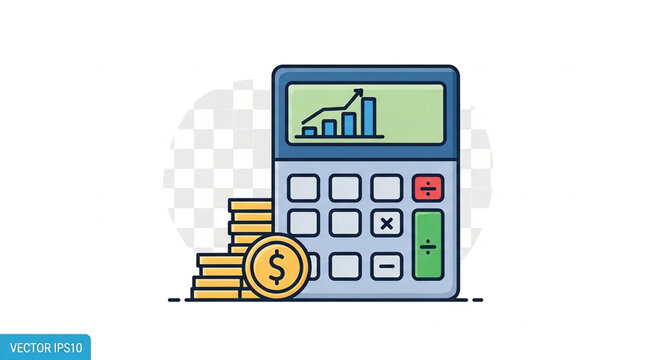 A colorful vector illustration of a calculator with coins and a graph