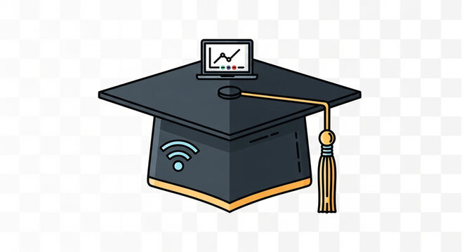 A vector graphic illustration of a graduation cap with a laptop on top