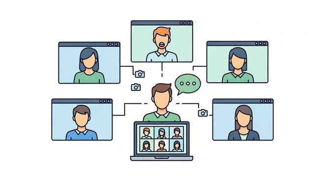 A vector graphic illustration of a man video conferencing with multiple people online