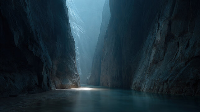 Narrow Canyon with Misty River Path