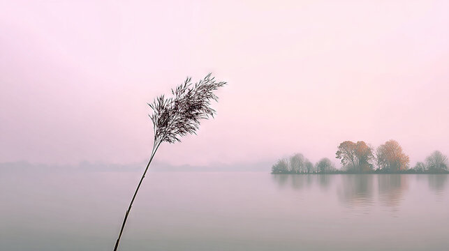 A lone reed bending over misty lake at dawn