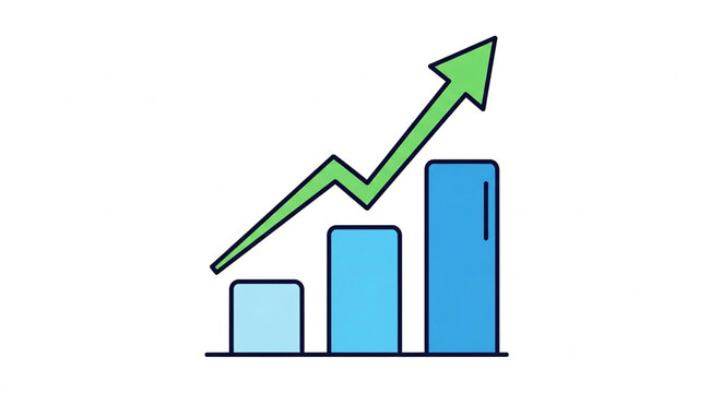 A vector graphic illustration of a growing bar chart with an upward trend arrow