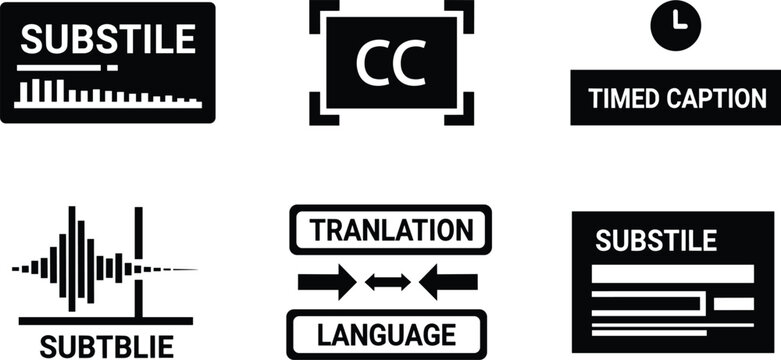 Subtitle and caption interface icons set including closed caption translation language timed caption and audio waveform symbols isolated on white background