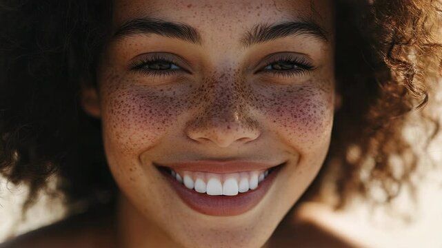 Happy female face with sun-kissed skin, brown eyes and dimples.