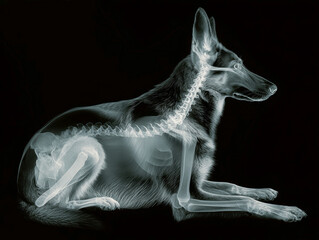 Fototapeta premium X-ray image of a resting German Shepherd skeleton, showcasing skull, spine, rib cage, and limbs in gray scale - AI-Generated