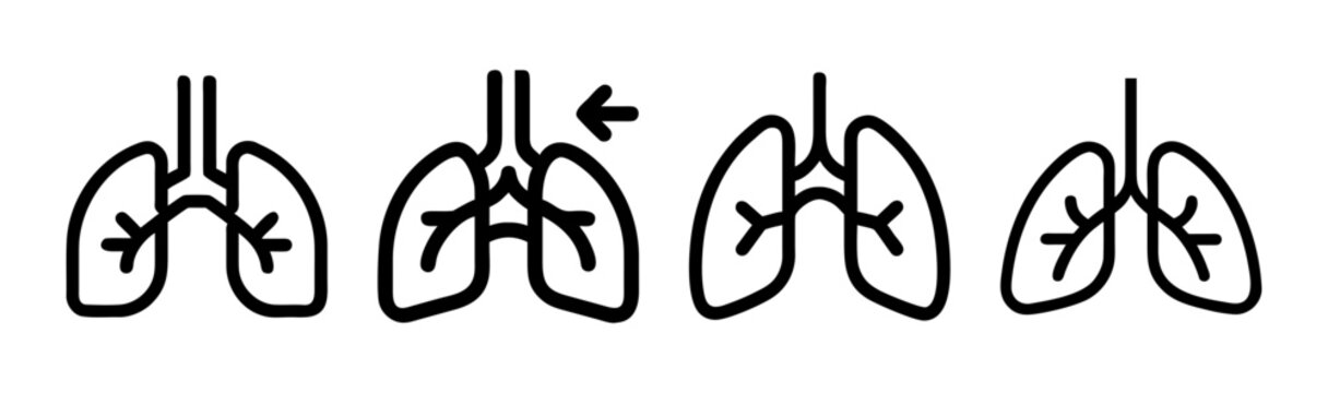 Four line art icons showing lungs and breathing actions for health and wellness