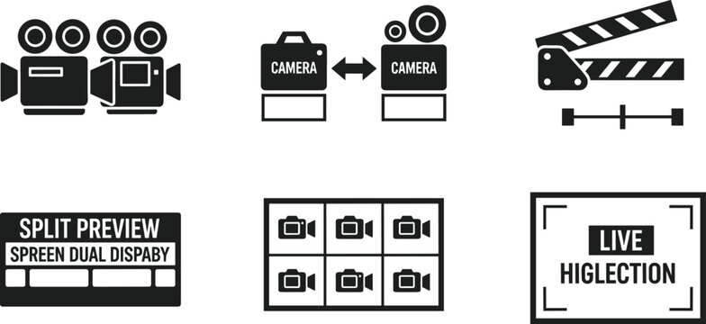 Video production and camera interface icons set including split preview live selection clapperboard and multi camera system isolated on white background