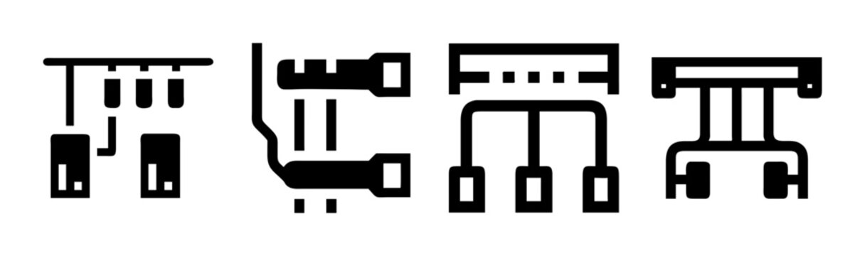 Set of four icons illustrating structured cabling and network cable management systems.