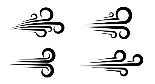 Set of four black wind icons representing air movement and speed.
