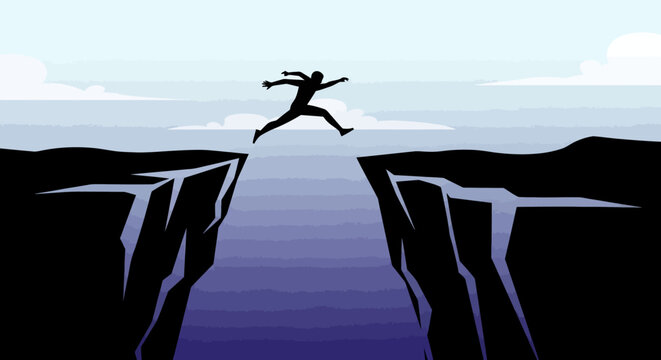 Silhouette of a person leaping across a wide chasm between two cliffs, symbolizing overcoming challenges and taking risks.