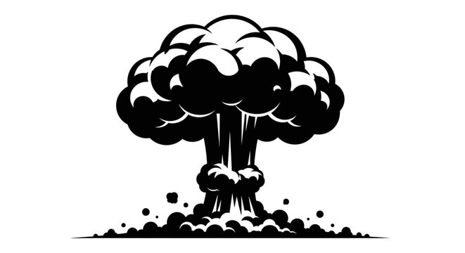Stylized black and white mushroom cloud explosion illustration.