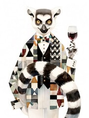 Fototapeta premium Lemur dressed in a tuxedo holding a glass of red wine. Anthropomorphic lemur character wearing a colorful geometric patterned suit. Artistic illustration style for whimsical design.