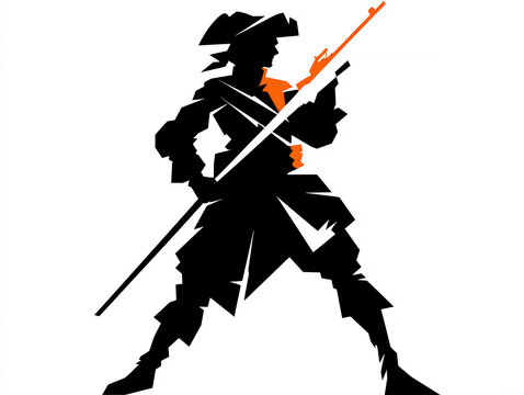 Minimalist modern logo icon of a silhouetted minuteman firing an assault rifle, strong stance, dynamic recoil pose, bold masculine energy, geometric shapes, black white base with oran - AI-Generated