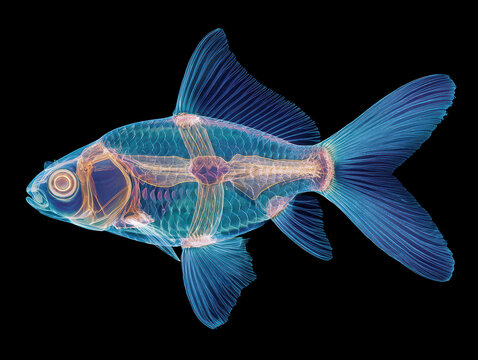 A vividly colored Koi fish in X-ray style, suspended against a black background with intricate scale detail and dramatic lighting - AI-Generated