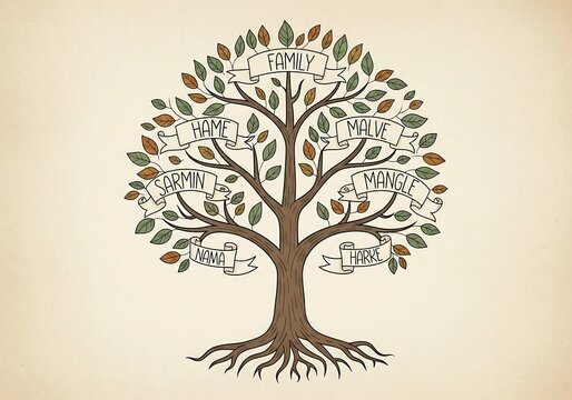 Family tree showcasing names like hame, malve, sarmin, nana, harke, and mangle under a single root labeled family