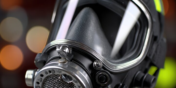 firefighter equipment, high-quality close-up of firefighters scba mask regulator with clear lens reflecting station lights and detailed focus on valves and mesh
