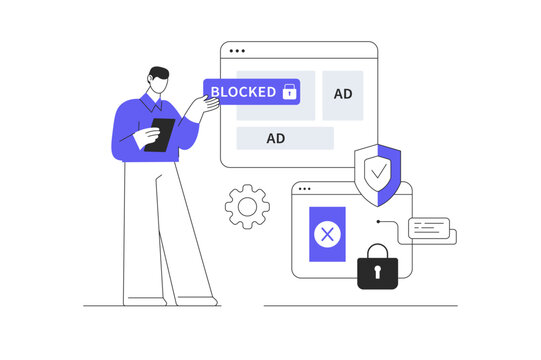Ad blocking browser extension, online advertisement filtering software or application. Spam protection. Flat Cartoon Vector Illustration, icon Stylish abstract design landing page web