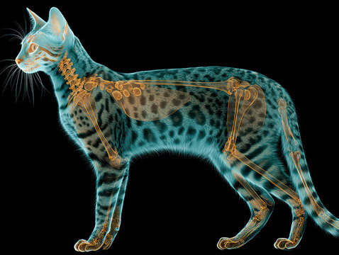 X-ray illustration of Savannah Cat skeleton, superimposed on muscular and furry form Vivid blue skeleton contrasts dark background, emphasizing complex structure Perspective from belo - AI-Generated