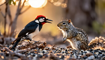 Naklejka premium A woodpecker stands on the ground near a squirrel. The woodpecker and squirrel interact in a natural setting at sunset.