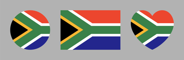 South Africa heart shaped, rectangular, round flag button, sticker. Set of circular, rectangle, heart flag symbols, icon, badge. Flag of South Africa banner, background. National sign in heart shape. © Hanna
