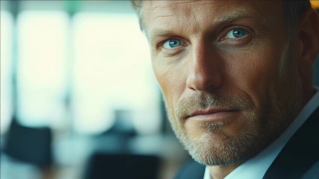 Bearded man with piercing blue eyes and chiseled features looking into the camera with a serious demeanor.