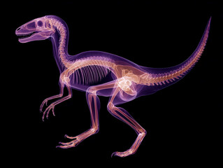 Fototapeta premium Three-dimensional X-ray rendering of a profiled Velociraptor skeleton in vibrant pink and purple, standing on all fours against a dark background Dramatic shadows from overhead lightin - AI-Generated
