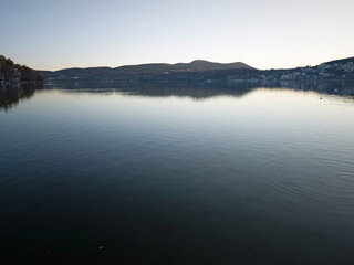 Fototapeta premium Panorama of Lake Orestiada around town of Kastoria, Greece