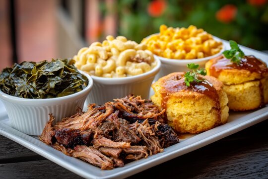 Hearty Southern dinner plate featuring pulled pork, cornbread, macaroni