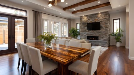 Obraz premium Spacious modern open concept living and dining area with a large wooden table stone fireplace and natural light