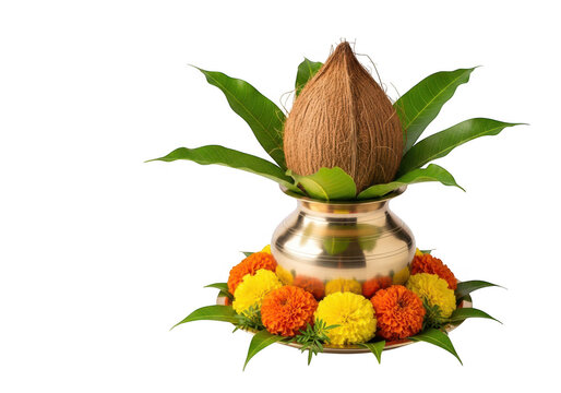 Traditional hindu kalash with coconut mango leaves and marigold flowers for religious ceremony