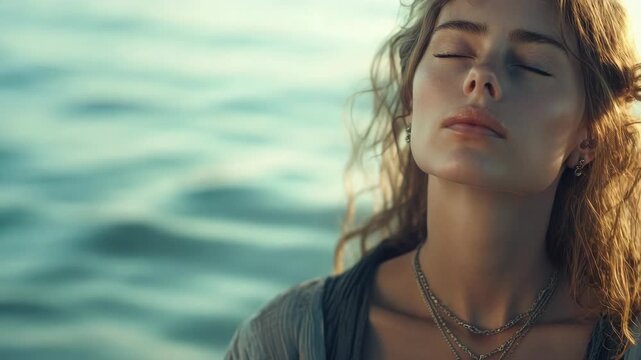 A calm and relaxing portrait of a young woman with ocean-eyed sally, enjoying the tranquility of island life near the water. Perfect for themes of sailing, nature, marine life, romance, vacations.