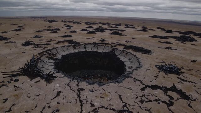 Desolate cracked saltpan with sinkhole opening, dark circular pit surrounded by cracked clay and black residue, low overcast sky casting moody light, vast empty horizon, eerie silence, visual