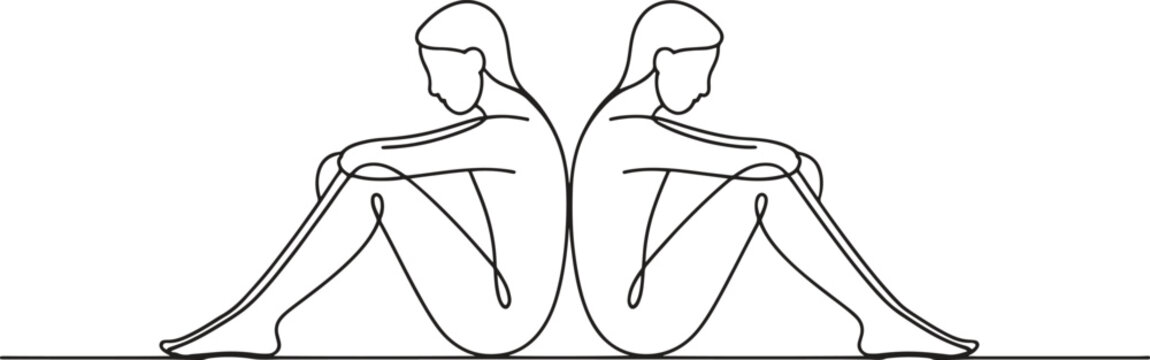 Two minimalist line art figures sit back-to-back, symbolizing disconnect or introspection.