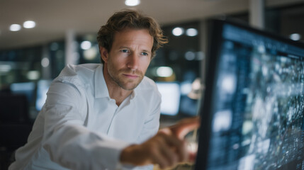 Fototapeta premium Forensic digital analyst examining facial recognition software detecting manipulated video content on transparent touchscreen interface in investigation laboratory, perfect for media verification, d
