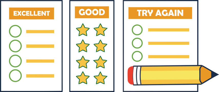 Teacher grading marks set with excelle good try again stamps and pencil