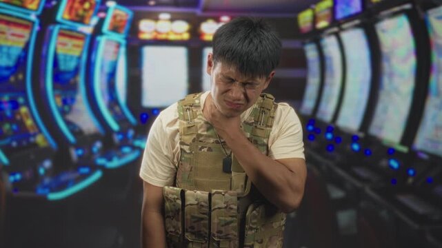 Man soldier in camouflage vest clutching neck and grimacing, dogtags and tactical armor visible amid neon casino slots inside building; pain reflection.