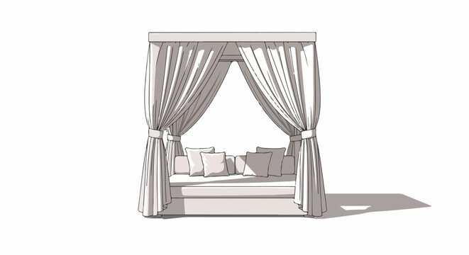 Luxurious outdoor daybed with curtains and pillows on white background