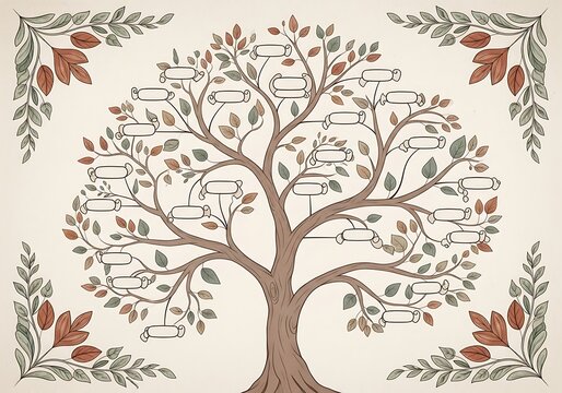 Ancient tree adorned with blank labels branching out in an elegant, symmetrical family lineage design