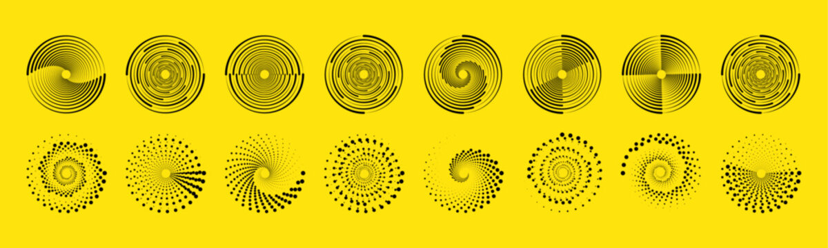 Round halftone pattern forms a rotating visual effect with layered dotted circles. Smooth transitions enhance the sense of motion. A stylish geometric vector design.