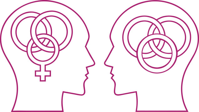 Two head silhouettes with abstract shapes and gender symbols female symbol male symbol