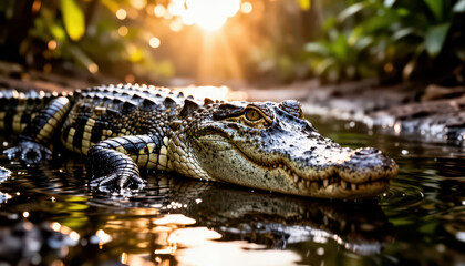 Naklejka premium The crocodile rests in the water, illuminated by the warm sunlight. This crocodile showcases detailed scales and sharp eyes in a serene natural setting.