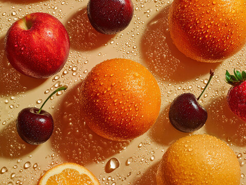 Aerial shot of a vibrant fruit arrangement against a blurred green backdrop, captured with a Hasselblad camera Ripe apples, oranges, and cherries are highlighted by soft, diffused ligh - AI-Generated