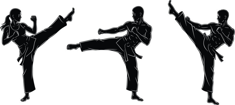 Black silhouette martial arts illustration, high kick pose icon, karate taekwondo design, combat training symbol, minimalist concept art, fitness lifestyle theme