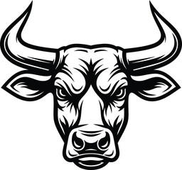 Fototapeta premium Black and white illustration of a bulls head with large horns