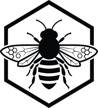 Black and white bee icon with honeycomb pattern on wings in hexagon frame